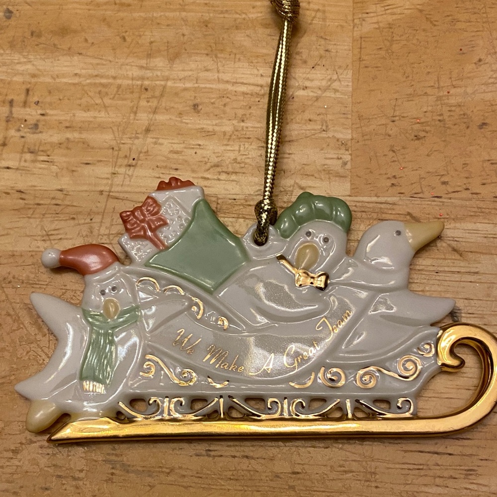 Lenox Holiday Sleigh Ornament with Penguins -says We make a great team